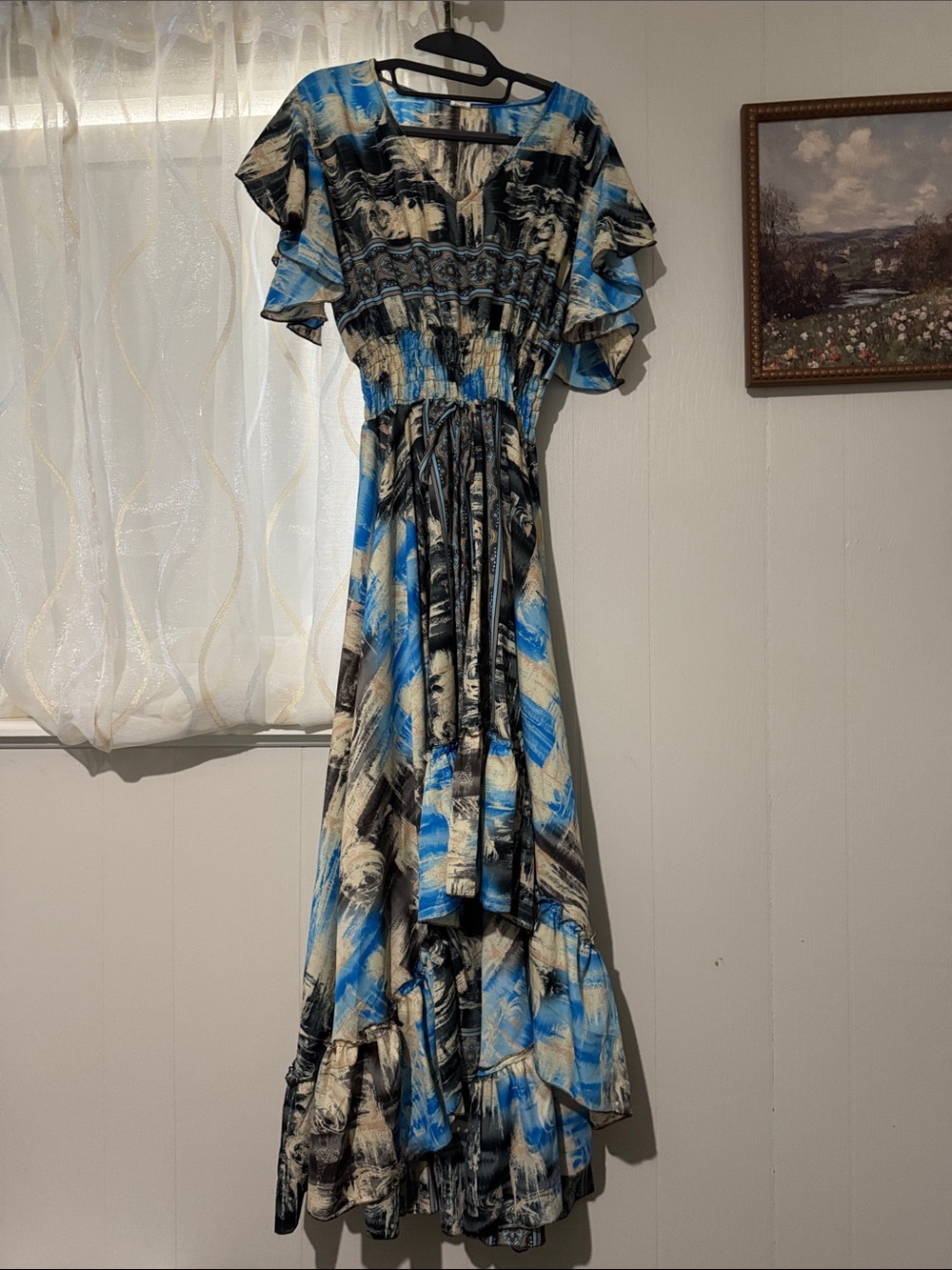 Abstract Brushstroke Maxi Dress in Blue & Black
